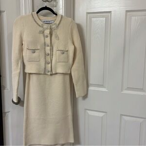 Self -Portrait faux pearl-embellished cropped cardigan skirt set